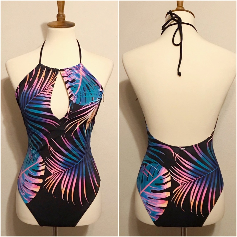 PINK VS Tropical Palm High Neck Halter One Piece